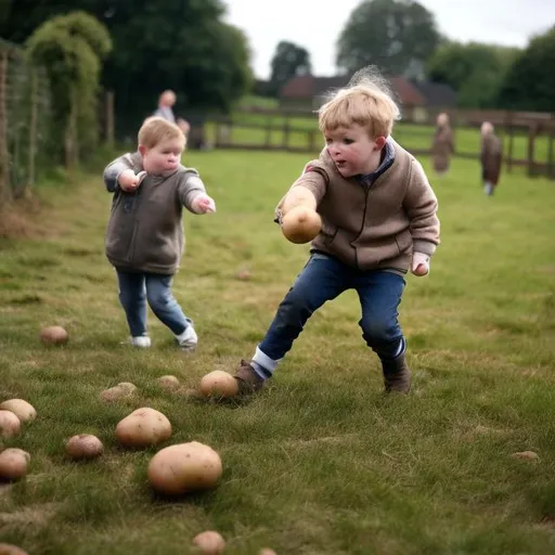 Prompt: An irish child throwing potatoes at a ham