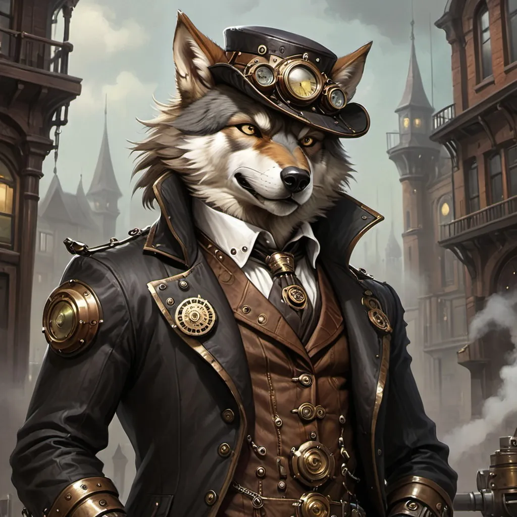 Prompt: a gangster steampunk greywolf