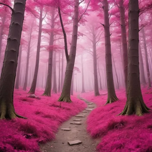 Prompt: Create a magenta coloureds forest showing the art of forest bathing & tree hugging to connect with nature. 