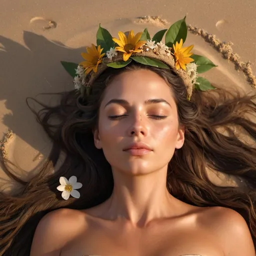 Prompt: Gaia, Mother Earth  embodied in a beautiful lady wearing an earthy crown, with leaves & small flowers, lying on the beach, completely covered in sand, only her face above the neck is showing & a beautiful sunset in the background  & the Sundays lighting up her face & hair. Show her lying down with her body completely covered with a thick layer of sand 