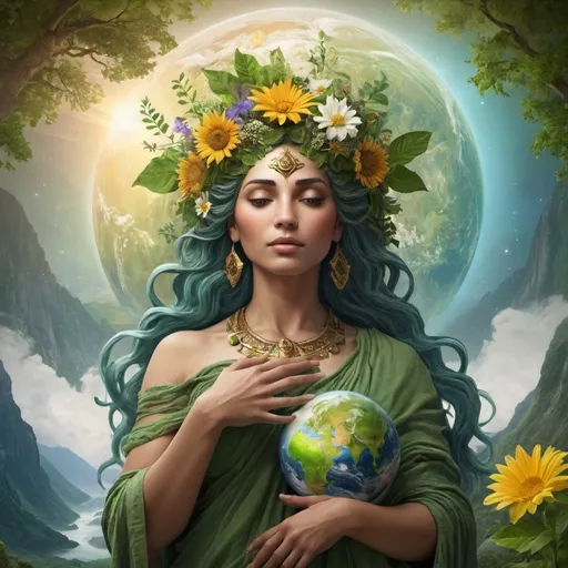 Prompt: Generate an image of Gaia - mother goddess of earth  surrounded by the beauty of nature