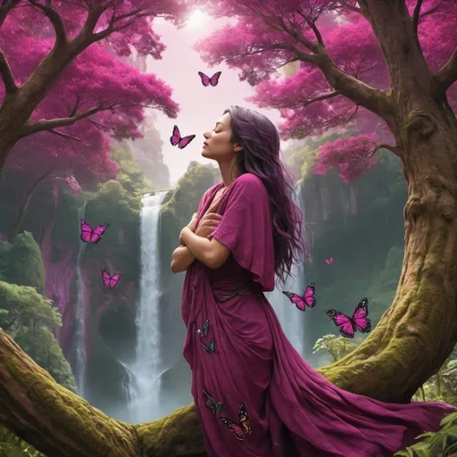 Prompt: Gaia hugging a tree, earthy attire, lush magenta forest backdrop, inviting nature, waterfalls, butterflies, sunshine, highres, detailed, earthy tones, natural lighting