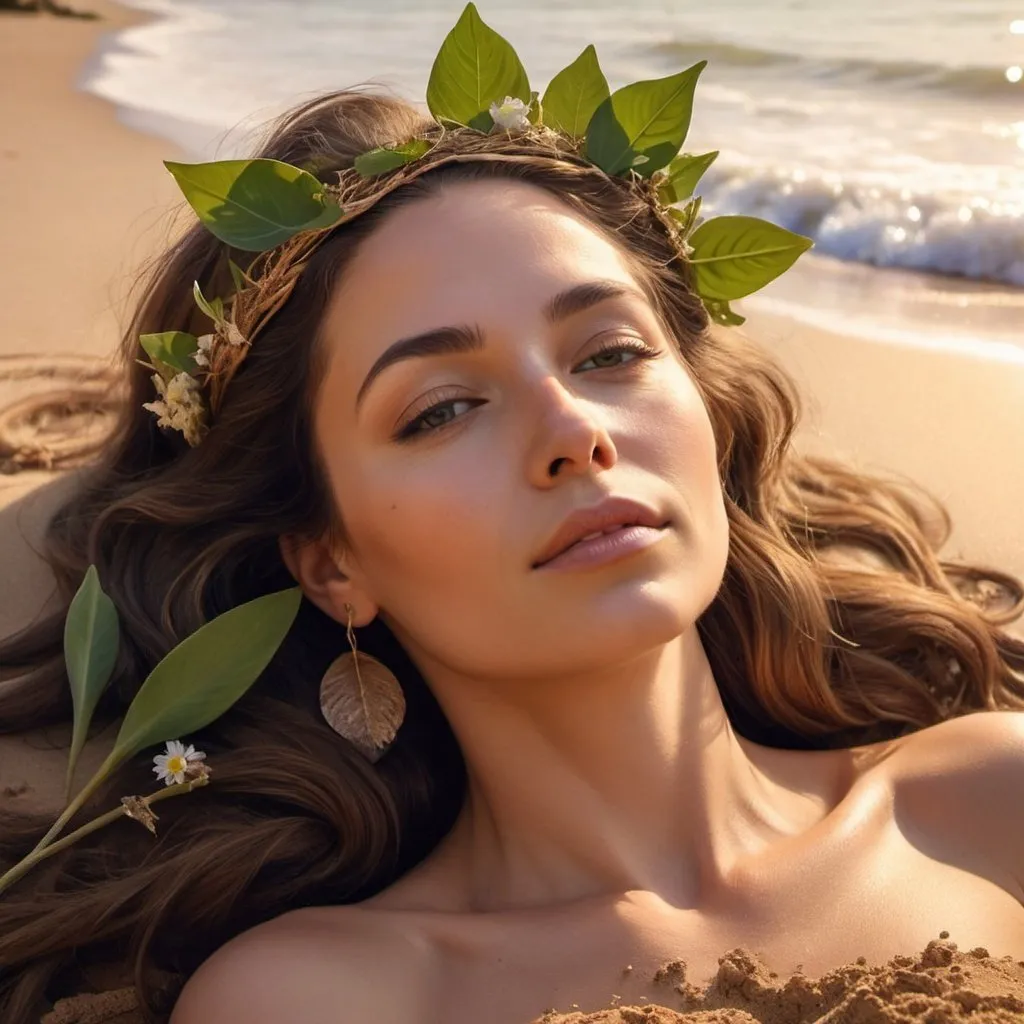 Prompt: Gaia, Mother Earth  embodied in a beautiful lady wearing an earthy crown, with leaves & small flowers, lying on the beach, completely covered in sand, only her face above the neck is showing & a beautiful sunset in the background  & the Sundays lighting up her face & hair. Show her lying down with her body completely covered with a thick layer of sand 