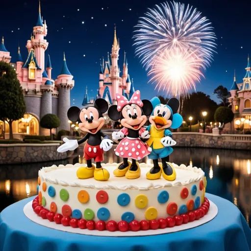 Prompt: Immagine del Biglietto di Auguri

Fondo: Un vivace sfondo colorato che richiama l’atmosfera magica di Disneyland, magari con castelli e fuochi d’artificio.

Elementi principali:

Personaggi Disney:

Topolino e Minnie in primo piano, con Topolino che tiene una torta e Minnie che sta accanto a lui con un grande sorriso.
Paperino e Pippo che festeggiano, magari con coriandoli e palloncini.
Torta di Compleanno:

Una grande torta con strati decorati, con una candelina accesa in cima.
Sulla torta, scritta in caratteri colorati e festosi: "Buon Compleanno Nina!"
Messaggio:

Sotto la torta o accanto ai personaggi, scrivere: “Ti aspettiamo a Disneyland!”
Dettagli aggiuntivi:

Decorazioni: Stelle scintillanti e palloncini che galleggiano intorno ai personaggi.
Cornice: Una cornice festiva con motivi Disney, come le orecchie di Topolino o le stelle brillanti.