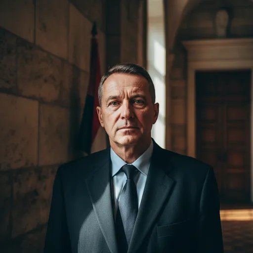 Prompt: A middle-aged Hungarian politician, photographed in the style of Steve McCurry. He wears a dark, slightly worn suit and tie, standing in a dimly lit corridor of the Hungarian Parliament with textured stone walls and a heavy wooden door behind him. His face is lined with years of responsibility, and his piercing eyes look directly into the camera with intensity. The color palette is rich and saturated, with warm reds and browns in the background and a hint of cool green from a flag. The composition is tight and intimate, with strong natural side-light falling across his face, creating painterly shadows. The atmosphere conveys dignity, power, and vulnerability, blending journalistic realism with aesthetic beauty.
