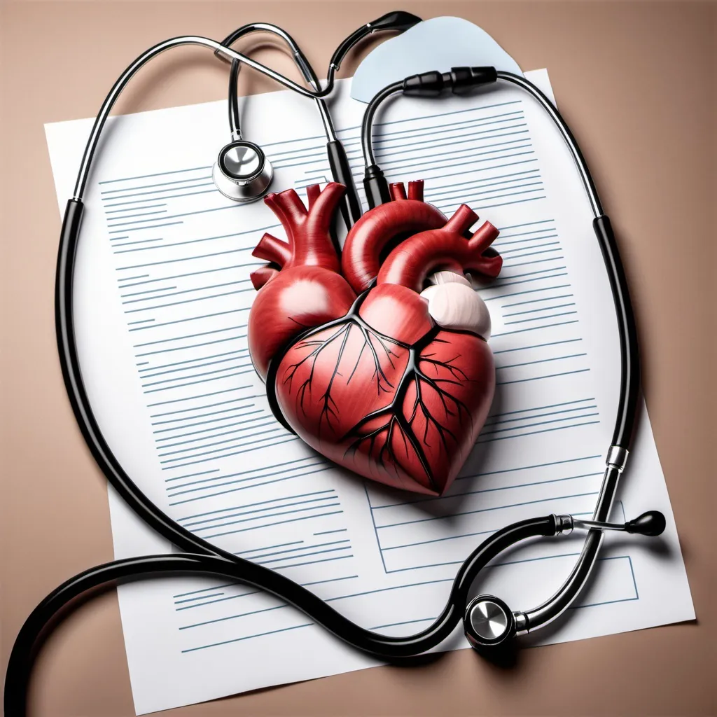 Prompt: I want an image of a real heart connected to a stethoscope on the left side of the paper, with the rest of the paper remaining blank. It should be in a vertical layout, extending from the top to the bottom of the paper, only on the left side.