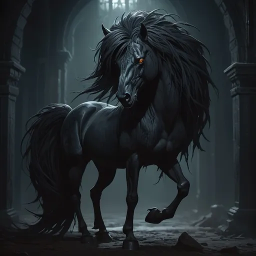 Prompt: Evil My Little Pony character, new girl, dark and ominous, haunting atmosphere, gothic style, detailed mane and tail, fierce and menacing expression, high quality, digital art, sinister color palette, eerie lighting