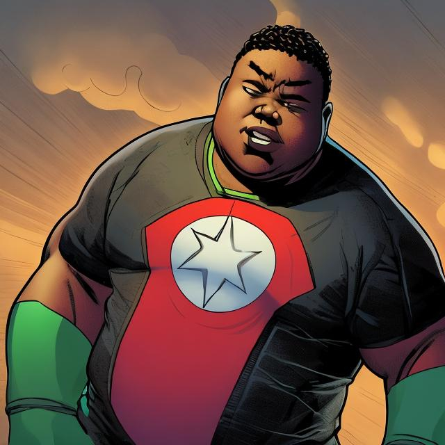 Prompt: black chubby man superhero with cornrows
