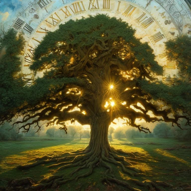 Prompt: Clock embedded in the trunk of a towering ancient oak tree, realistic oil painting, intricate tree bark details, golden hour lighting, high quality, realistic, detailed, oil painting, ancient oak tree, embedded clock, intricate bark, golden hour lighting