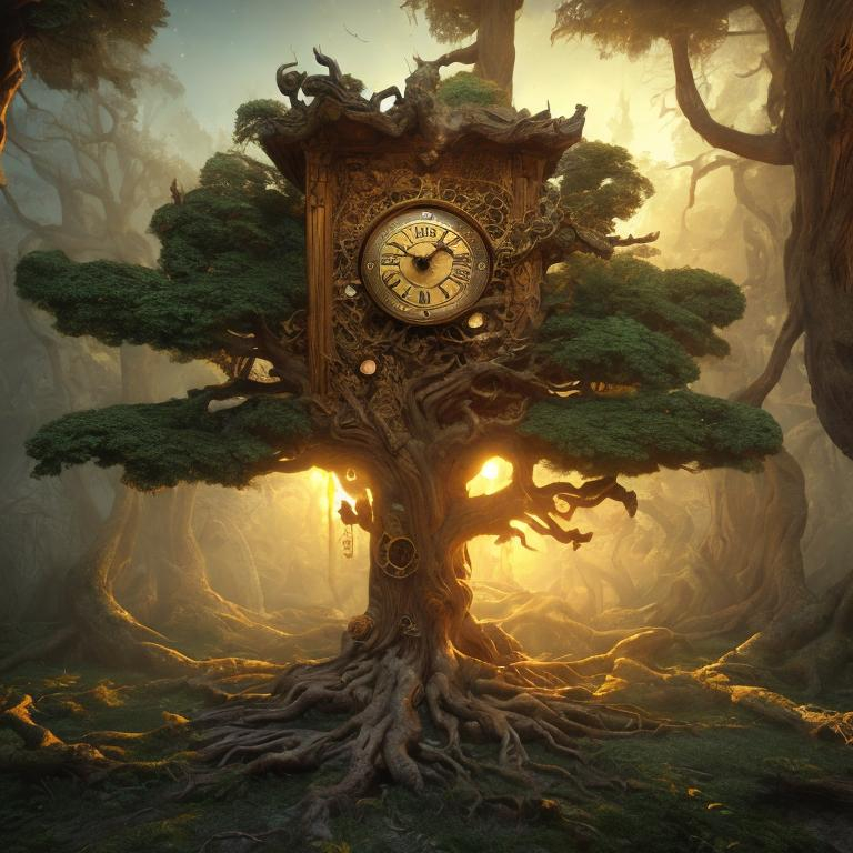 Prompt: Clock embedded in the trunk of an ancient tree, realistic 3D rendering, intricate wood details, golden sunset illuminating the scene, surreal fantasy, high quality, detailed textures, magical realism, warm tones, mystical lighting