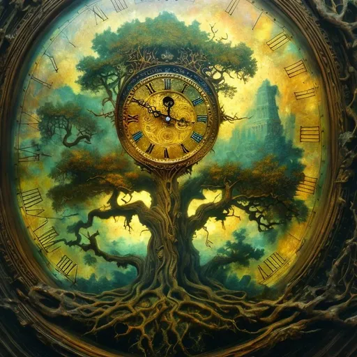 Prompt: Clock embedded in the center of a majestic oak tree, surreal oil painting, intricate wood texture, ancient and mystical vibe, high quality, vibrant colors, surrealism, detailed clock face, whimsical, magical, enchanting lighting, surreal, vibrant colors, mystical atmosphere