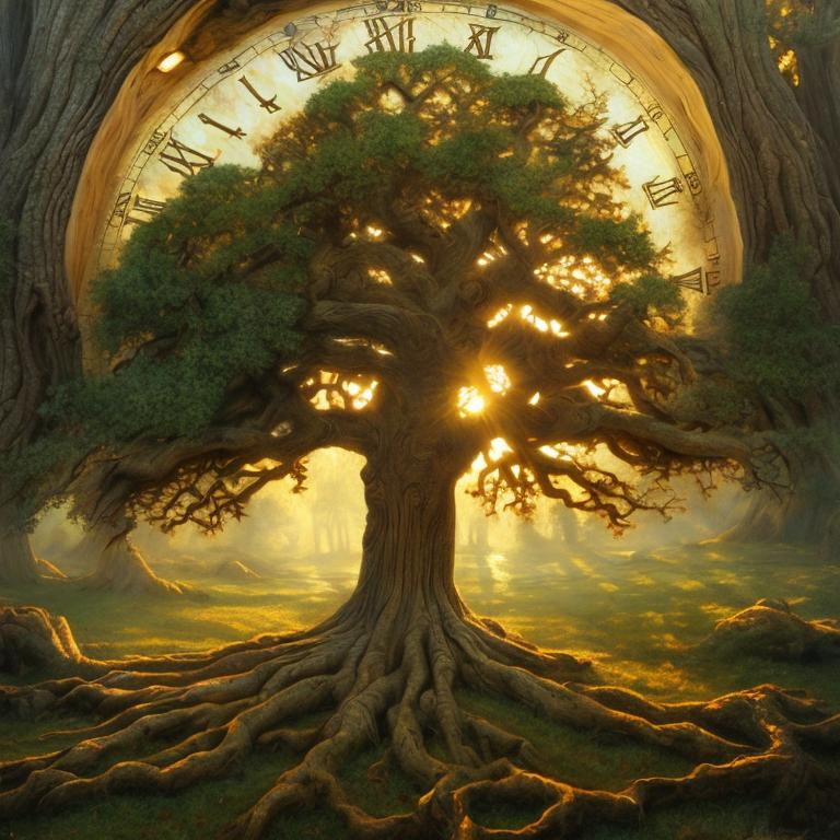 Prompt: Clock embedded in the trunk of a towering ancient oak tree, realistic oil painting, intricate tree bark details, golden hour lighting, high quality, realistic, detailed, oil painting, ancient oak tree, embedded clock, intricate bark, golden hour lighting