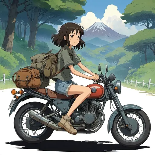 Prompt: 2d studio ghibli anime style, girl on motorcycle, anime scene
