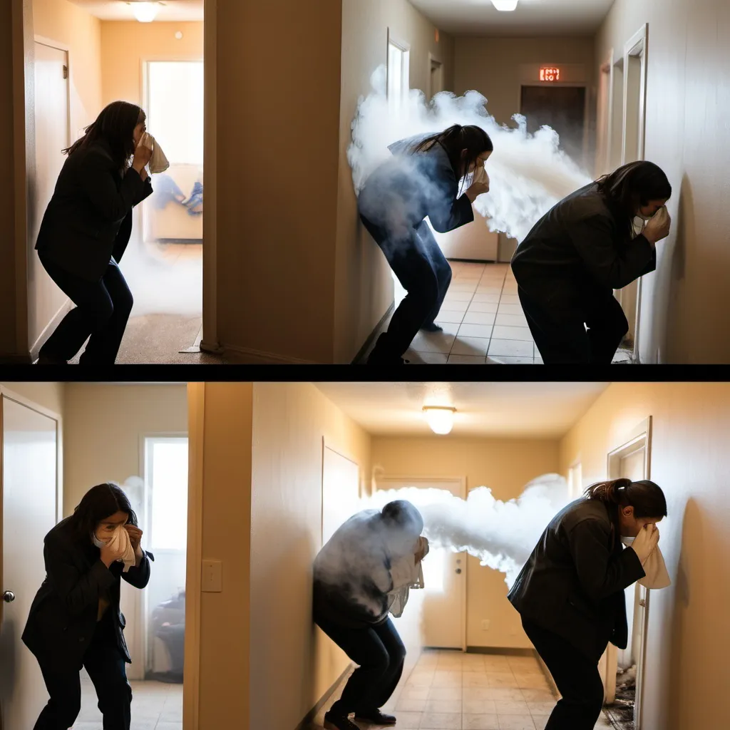 Prompt: A sequence of five vertical images depicting an apartment fire with smoke. In the first image, smoke begins to fill the apartment hallway. The second image shows people grabbing handkerchiefs and wetting them. In the third image, people cover their mouths and noses with the wet handkerchiefs. The fourth image shows people crouching down in a low position as they move through the hallway. In the final image, they are escaping through a door, still in a crouched position, keeping their heads low to avoid the smoke