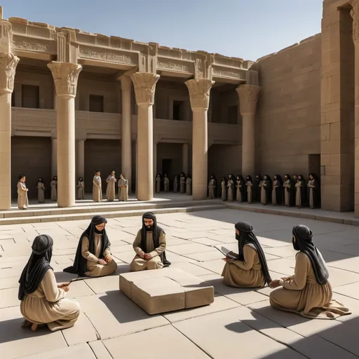 Prompt: n this scene, we envision a grand courtyard of the Persepolis palace during the Achaemenid period, where a group of children are engaged in their studies. In the center of the courtyard, a teacher dressed in traditional Achaemenid garments—simple, natural-colored robes—is teaching the children. The mothers, dressed in long