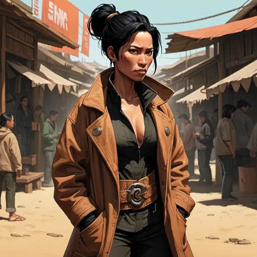 Prompt: Polynesian descent, woman, androgynous, middle-aged, copper skin, black hair, short ponytail, Victorian, coat, many pockets, cheap clothing, open collar, wide build, digital art, character, full body