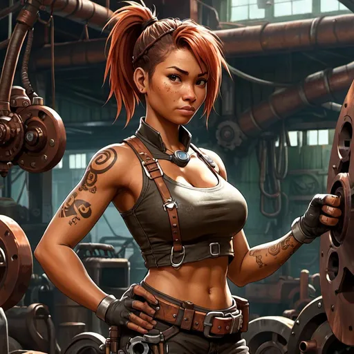 Prompt: Polynesian, woman, copper skin, short hair, ponytail, Victorian, steampunk, wide build, digital art, character, full-body, mechanic, tools, grease, dirty