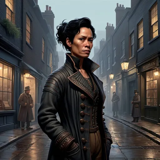 Prompt: Polynesian descent, woman, androgynous, middle-aged, copper skin, black hair, short ponytail, Victorian, 1800s, open coat, many pockets, cheap clothing, open collar, wide build, digital art, detailed, realistic, character, full body, Victorian London street, background, smog, night
