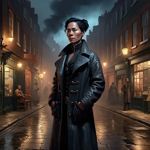 Prompt: Polynesian descent, woman, androgynous, middle-aged, copper skin, black hair, short ponytail, Victorian, 1800s, open coat, many pockets, cheap clothing, open collar, wide body, digital art, detailed, realistic, character, full body, Victorian London street, background, smog, night, electric lighting