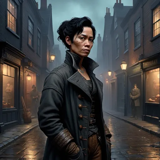 Prompt: Polynesian descent, woman, androgynous, middle-aged, copper skin, black hair, short ponytail, Victorian, 1800s, open coat, many pockets, cheap clothing, open collar, wide build, digital art, detailed, realistic, character, full body, Victorian London street, background, smog, night, night, dark, smog, chimney smoke, looking at the camera