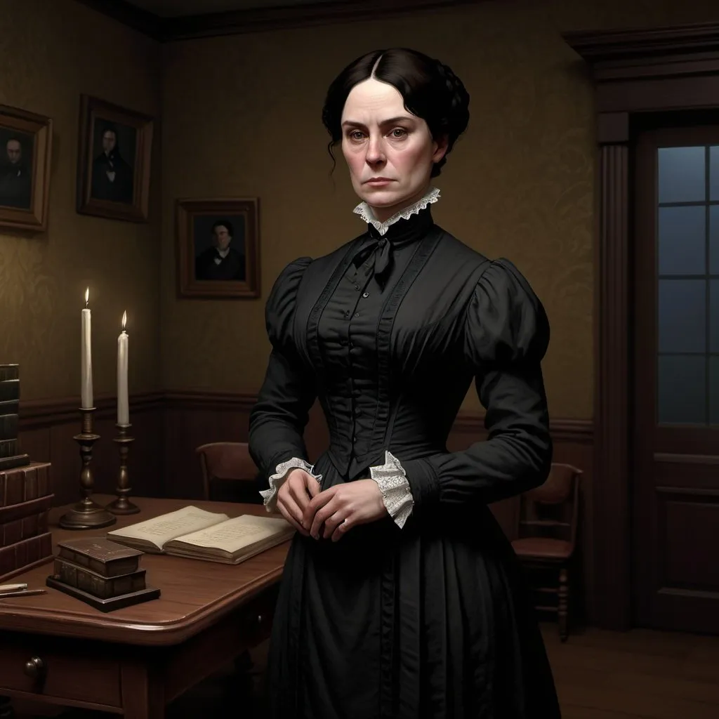 Prompt: Caucasian, dark hair, middle-aged, head mistress, Victorian, 1800s, noble, stern, attentive, disapproving, simple dress, black dress, high-quality fabric, modest clothing, indoors, digital art, character, full-body, detailed, realistic, nighttime