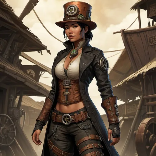 Prompt: Polynesian descent, woman, 35 years old, copper skin, black hair, short ponytail, Victorian, steampunk, coat, hat, wide build, digital art, character, full body