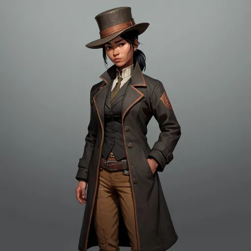 Prompt: Polynesian descent, woman, androgynous, 35 years old, copper skin, black hair, short ponytail, Victorian, coat, hat, simple clothing, wide build, digital art, character, full body