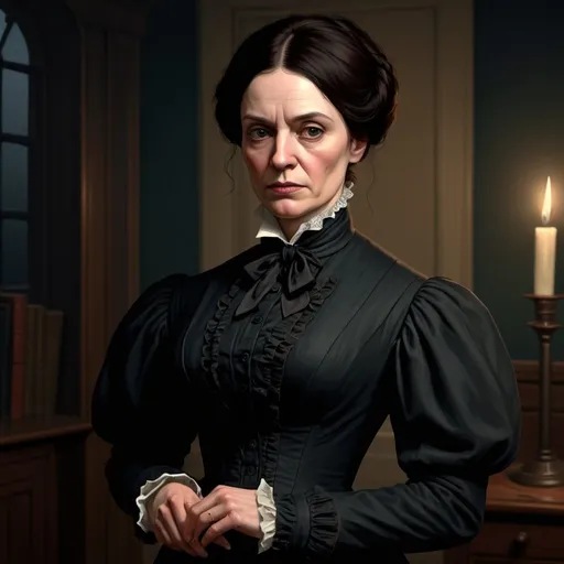 Prompt: Caucasian, dark hair, middle-aged, head mistress, orphanage, Victorian, 1800s, noble, stern, attentive, disapproving, simple dress, black dress, high-quality fabric, modest clothing, digital art, character, portrait, full-body, detailed, realistic, nighttime