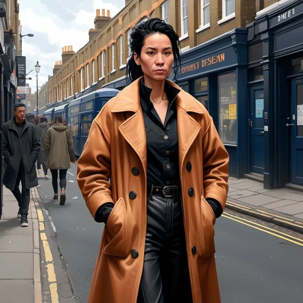 Prompt: Polynesian descent, woman, androgynous, middle-aged, copper skin, black hair, short ponytail, Victorian, coat, many pockets, cheap clothing, open collar, wide build, digital art, detailed, character, full body, London street, background