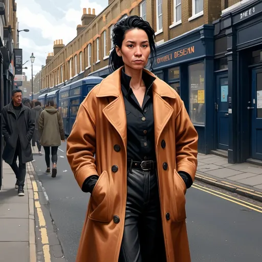 Prompt: Polynesian descent, woman, androgynous, middle-aged, copper skin, black hair, short ponytail, Victorian, coat, many pockets, cheap clothing, open collar, wide build, digital art, detailed, character, full body, London street, background
