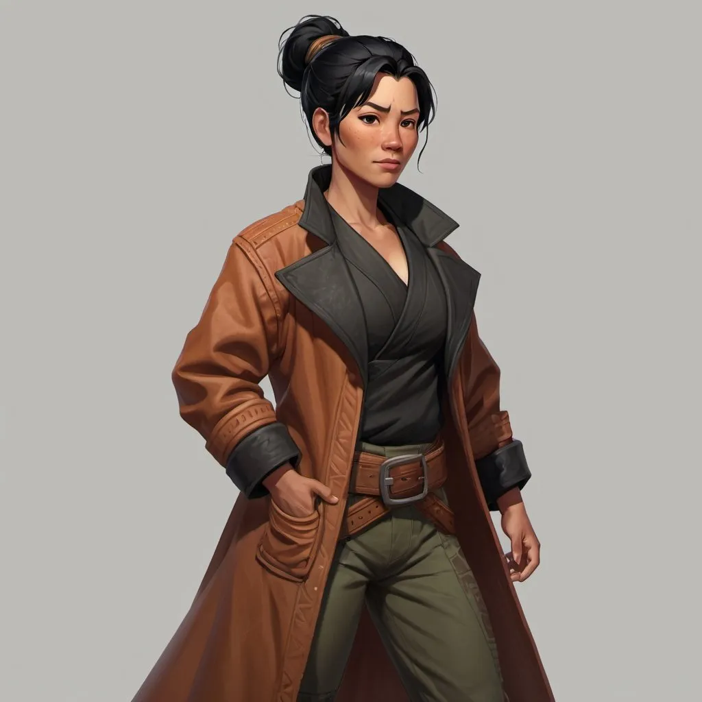 Prompt: Polynesian descent, woman, androgynous, middle-aged, copper skin, black hair, short ponytail, Victorian, coat, simple clothing, open collar, wide build, digital art, character, full body