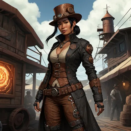 Prompt: Polynesian descent, woman, 35 years old, copper skin, black hair, short ponytail, Victorian, steampunk, coat, hat, wide build, digital art, character, full body