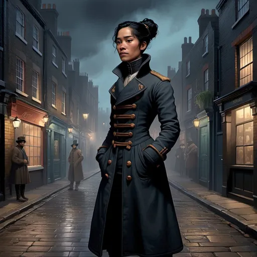 Prompt: Polynesian descent, woman, androgynous, middle-aged, copper skin, black hair, short ponytail, Victorian, 1800s, coat, many pockets, cheap clothing, open collar, wide build, digital art, detailed, character, full body, Victorian London street, background, smog, night
