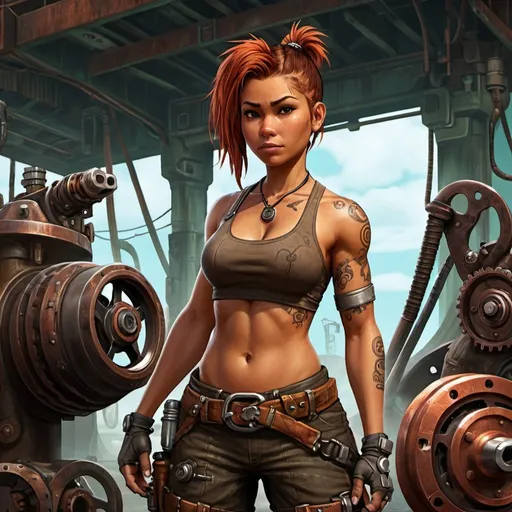 Prompt: Polynesian, woman, copper skin, short hair, ponytail, Victorian, steampunk, wide build, digital art, character, full-body, mechanic, tools, grease, dirty