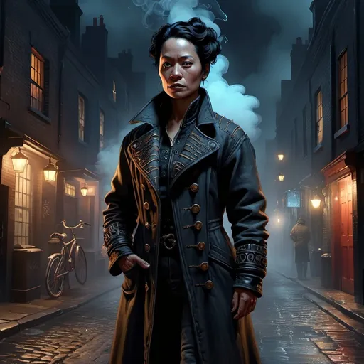 Prompt: Polynesian descent, woman, androgynous, middle-aged, copper skin, black hair, short ponytail, Victorian, 1800s, open coat, many pockets, cheap clothing, open collar, wide body, digital art, detailed, realistic, character, full body, Victorian London street, background, smog, smoke, dark, night, electric lighting
