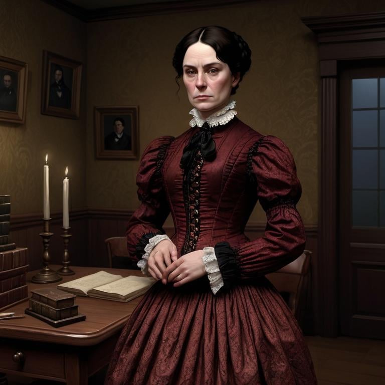 Prompt: Caucasian, dark hair, middle-aged, head mistress, Victorian, 1800s, noble, stern, attentive, disapproving, simple dress, dark burgundy dress, Victorian jewelled brooch, Victorian ruby ring, high-quality fabric, modest clothing, indoors, digital art, character, full-body, detailed, realistic, nighttime