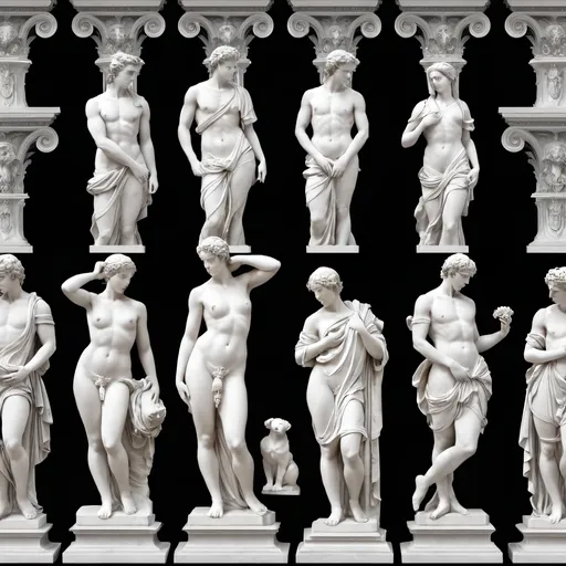 Prompt: set of classical sculptures on a background