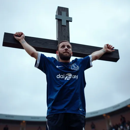 Prompt: sean dyche nailed to the the cross. Wearing an everton soccer jersey.