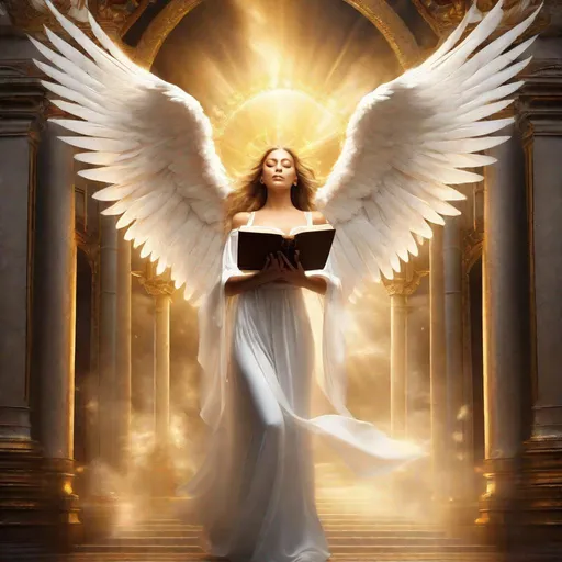 Prompt: Powerful and beautiful female angel, massive pearly white wings, holding the Bible and a torch, guarding the golden and cloudy gates of heaven, forward facing, open arms, heavenly atmosphere, high quality, ethereal, golden lighting, detailed feathers, majestic, divine, serene, guardian angel, heavenly gates, religious, powerful pose, grand, professional, atmospheric lighting 