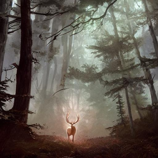 Prompt: Magical White Stag in the distance, lush evergreen forest, cold light, 4K, character concept art, oil painting, digital painting, painterly, cinematic lighting, rule of thirds, trending in artstation, cgsociety, by anato finnstark, Artgerm, Greg Rutkowski, Tom Bagshaw, Sargent, night sky, stars, eclipse, solstice