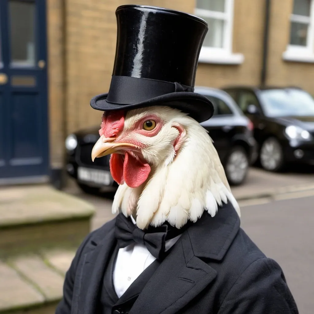 Prompt: Edwardian chicken. Dapper. Top hat. Part man. Hybrid. London.