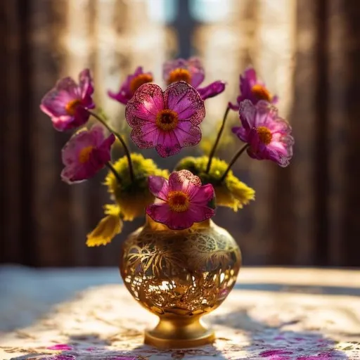 Prompt: Mini wild flowers,, in Golden Vase with intricate designs, on office desk with lace tablecloth, morning light filtering through curtains, highlighting delicate petals and vivid colors, Photography, 100mm f/2.8 macro lens 