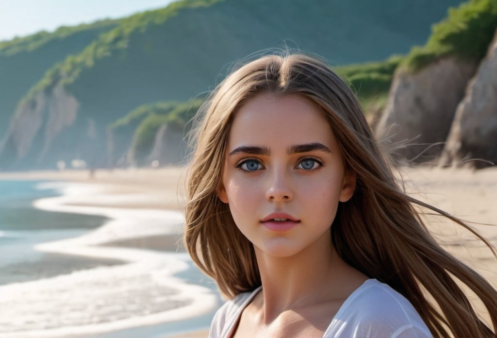 Prompt: A girl walking on the beach, long hair, beautiful eyes, high quality, 8k