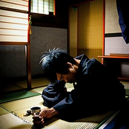 Prompt: Image of a japanese hikikomori -show the man as living along, recluse, depressed. male age 30 - 40
