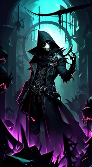 Prompt: (Male. Dark fantasy purple theme assassin, eyes covered, casting a necro spell, anime style), skull mask, dark color scheme, glowing magical aura, intense look, dynamic pose, dark purple tones, shadowy and mysterious background with swirling mists, dramatic lighting emphasizing the spell casting, highly detailed, ultra-detailed, 4K, intricate character design, moody atmosphere, atmospheric depth, dark enchanting ambiance, professional illustration quality, cinematic visuals