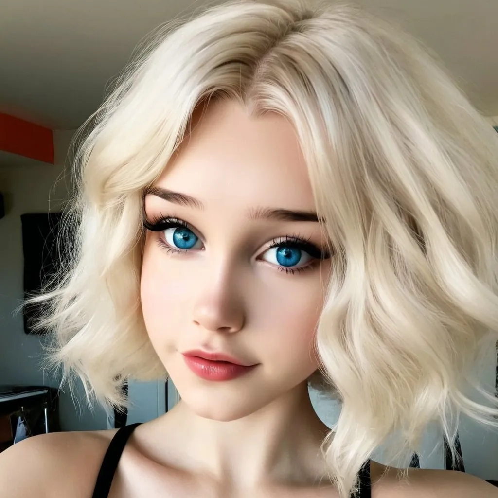 Prompt: blond haired woman with blue eyes and black collar posing for a selfie, portrait  extremely pale blond hair, very pale blond hair, blonde hair, her hair is white,  pale skin curly blond hair, a girl with blonde hair, girl with short white hair, bleached blonde short hair, blue eyes, HD, UHD, Photorealistic, frakels, back collar, big eye lashes