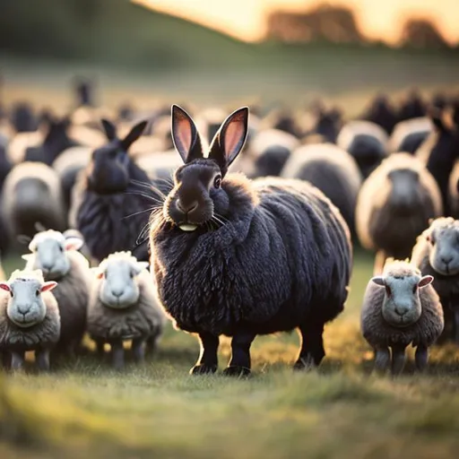 Prompt: A huge dark rabbit is herding cute smiling sheeps
