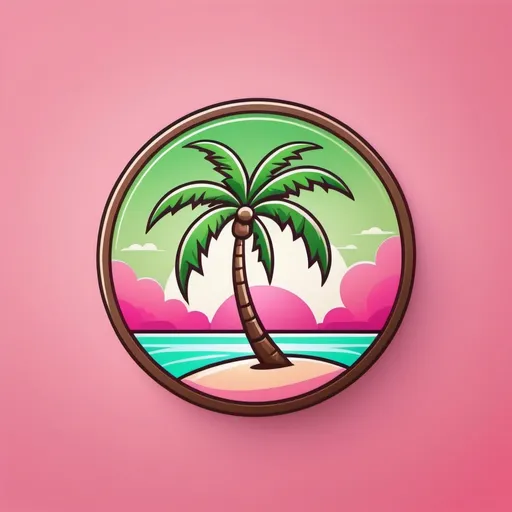 Prompt: (round cartoon logo of an open coconut and palm tree), luxury style, ads aesthetics, stylish and refined, elegant design, pink and green background, vibrant colors, cheerful atmosphere, polished finish, high gloss, smooth lines, detailed illustration, minimalistic elements, high quality, ultra-detailed, sharp and clean visuals, 4K, sleek and modern logo, marketing ready, professional appeal.