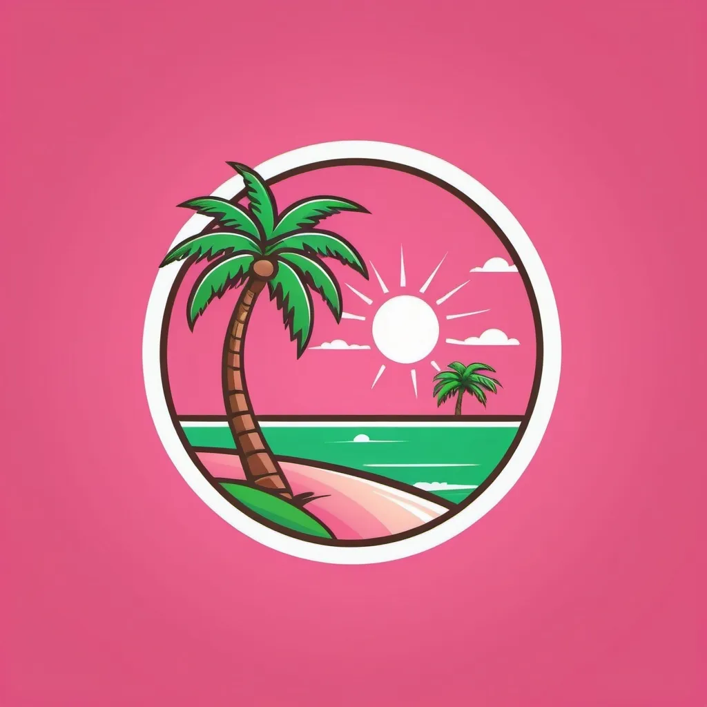 Prompt: create a round cartoon logo of a n open coconut and palm tree with a pink and green background