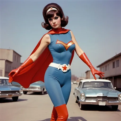 Prompt: 1960s Superheroine  protector Fashion and music d 